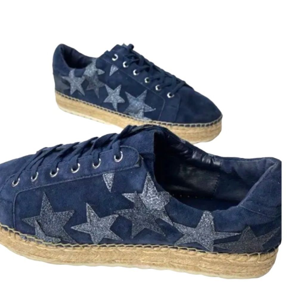 Marc Fisher Navy Suede Espadrille Sneakers with Silver Star Accents